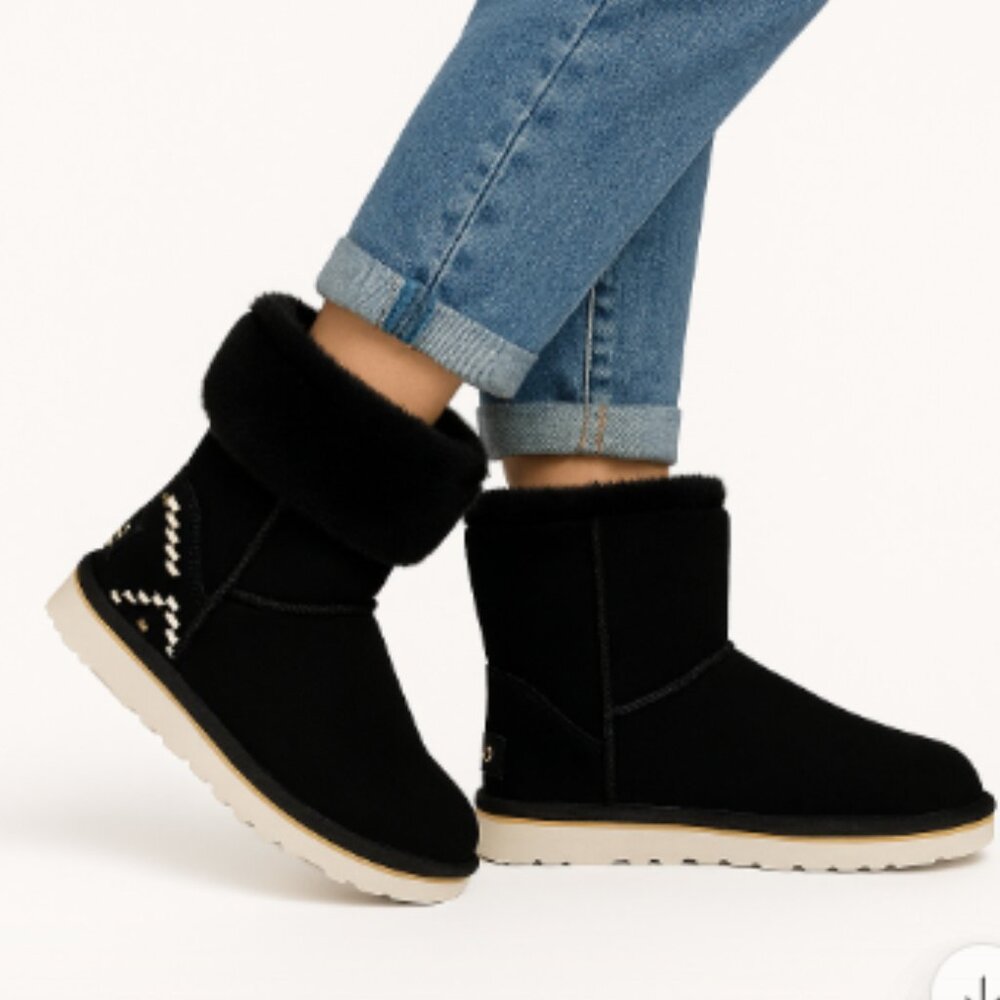 NEW UGG Black Suede Shearling Boots Embroidered Detail Chestnut Trim Women